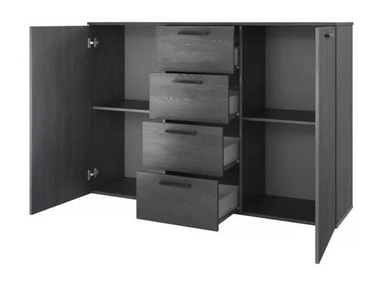Chambre à coucher FLOYD : Armoire 200cm, Lit 160x200, commode, chevets. Coloris gris effet bois.