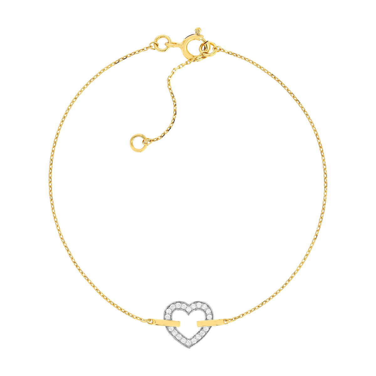 Bracelet or 375 2 tons, forme coeur, diamants. Longueur 20,5 cm.