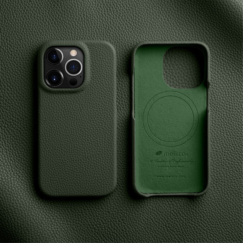 iPhone 14 Pro MagSafe Echtleder Hardcase Hülle Litchi Look - Dunkelgrün