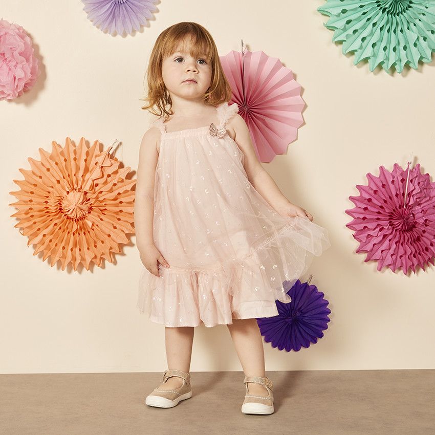 Robe sans manches en tulle imprimés papillons pour bébé fille - Rose