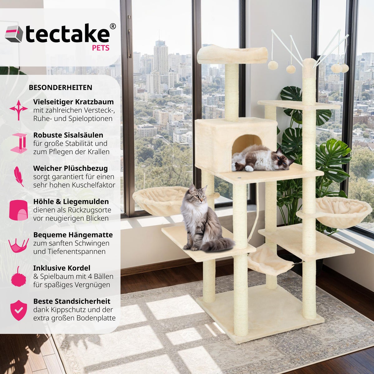 tectake kattenboom Lilou 165 cm inclusief 4 speelballen, koord en kantelbeveiliging
