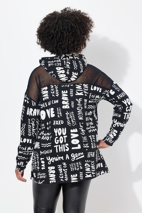 Long-Hoodie, oversized, Wording-Muster, Kapuze