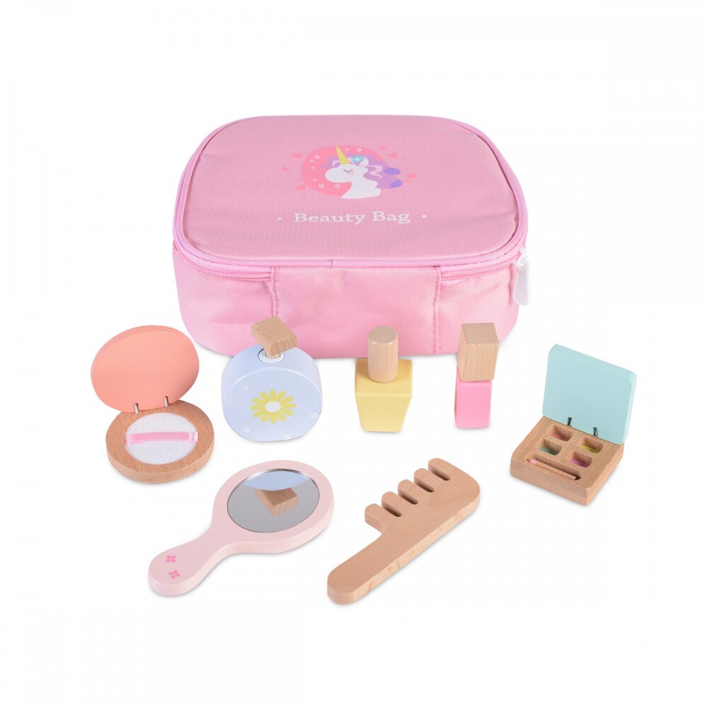 Moni Holz-Spielzeug Kosmetik-Set 4502 Tasche mit 7 Teilen, Spiegel, Kamm, Parfüm rosa