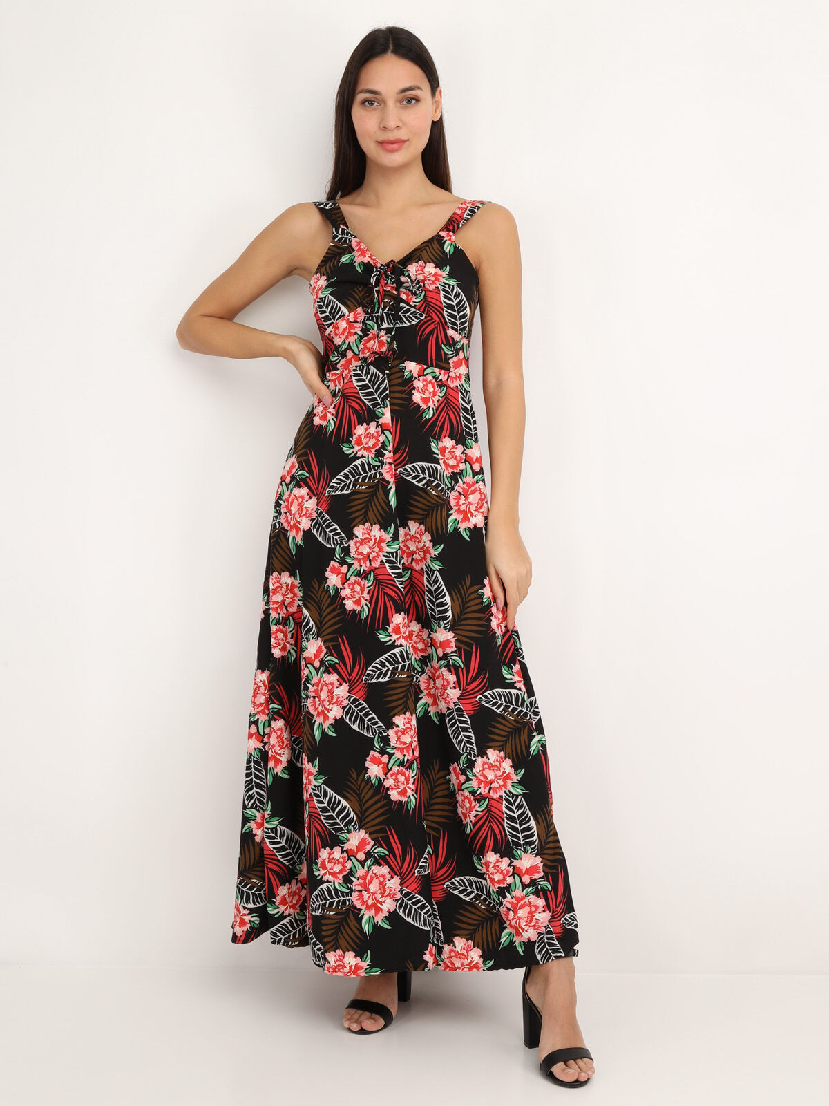 Robe longue dos nu à fleurs- Noir