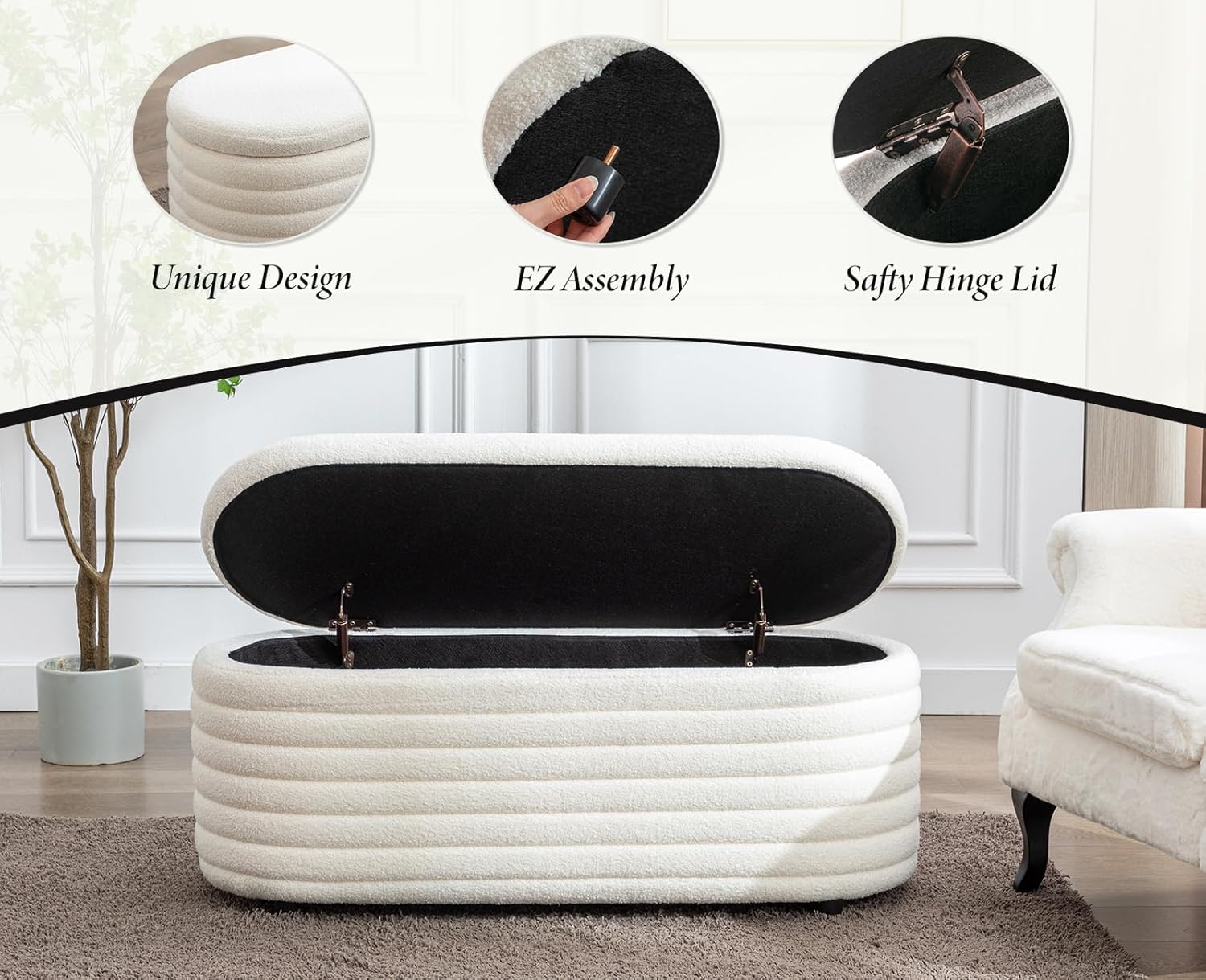 Sitzbank mit Stauraum, Moderne Sitztruhe aus Teddystoff Polsterbank Aufbewahrungsbox für Schlafzimmer, Flur oder Wohnzimmer, Weiß