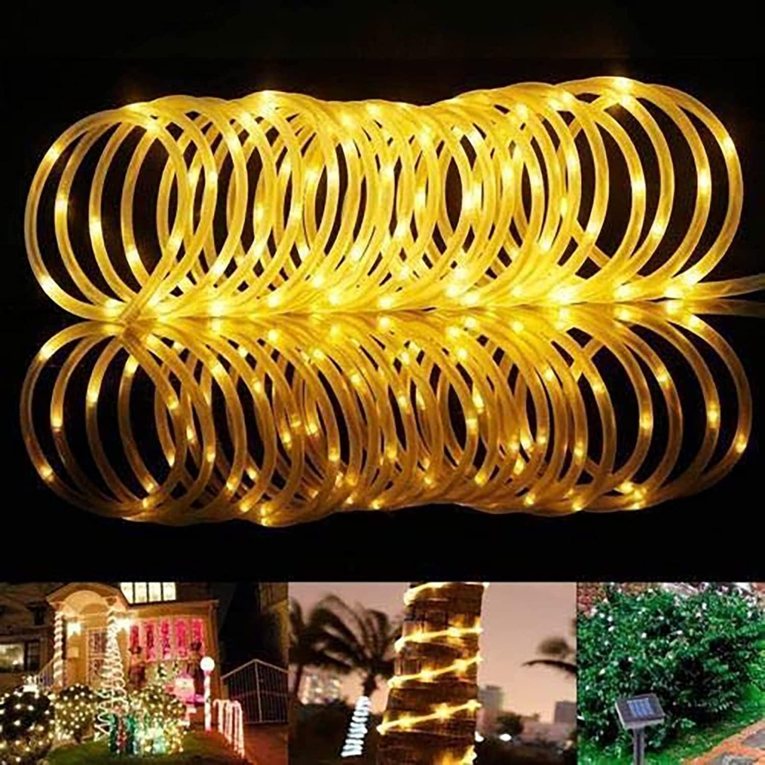 (12m) 100 LED's Deko Licht Schlauch Solar Lichterkette Outdoor Rope Light 8 Beleuchtungs Modi   Fernbedienung IP65 - Warmweiss