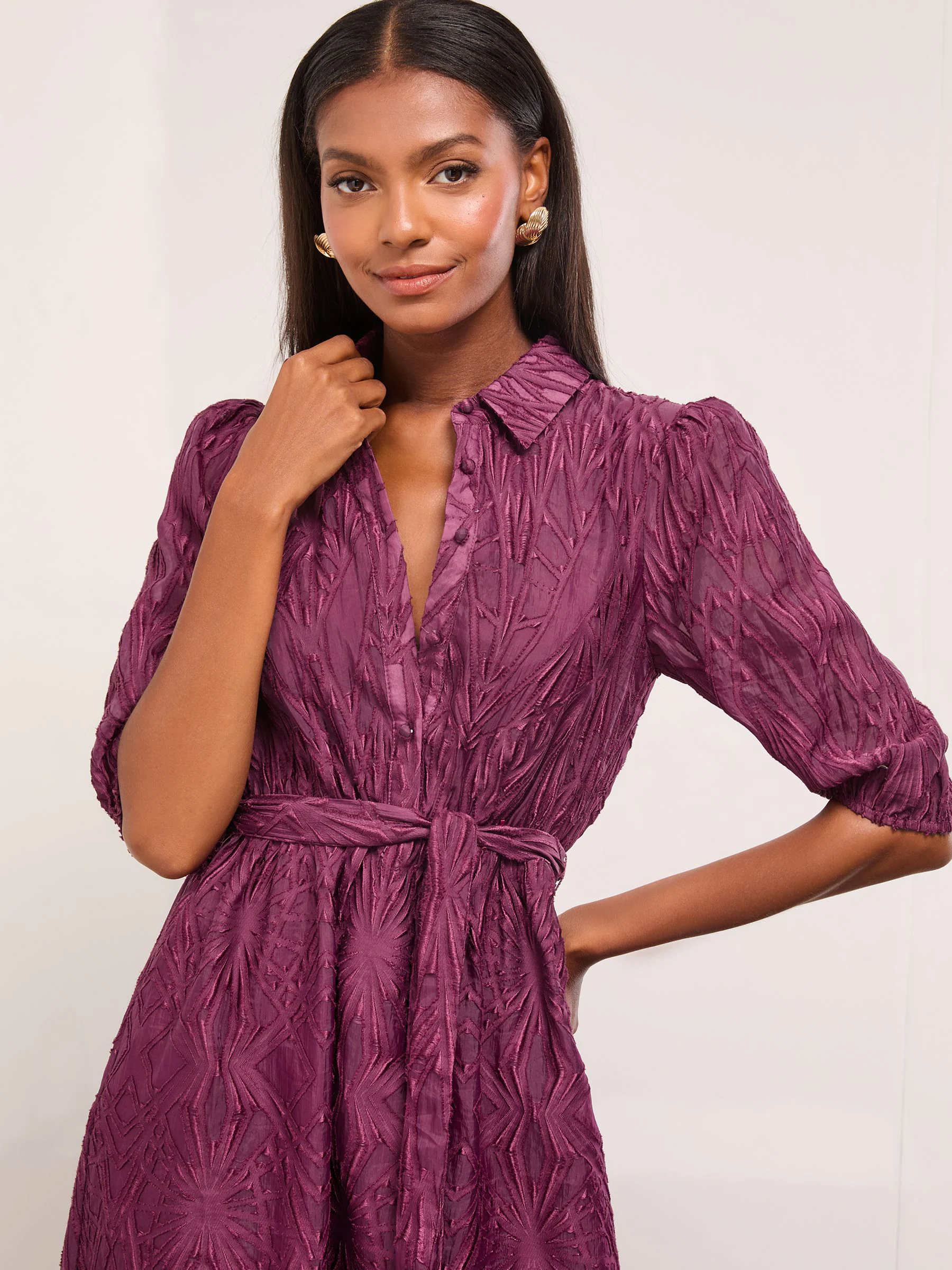 Bordeauxrood - Lipsy Fit And Flare Textured 3/4 Sleeve Button Through Midi Shirt Dress