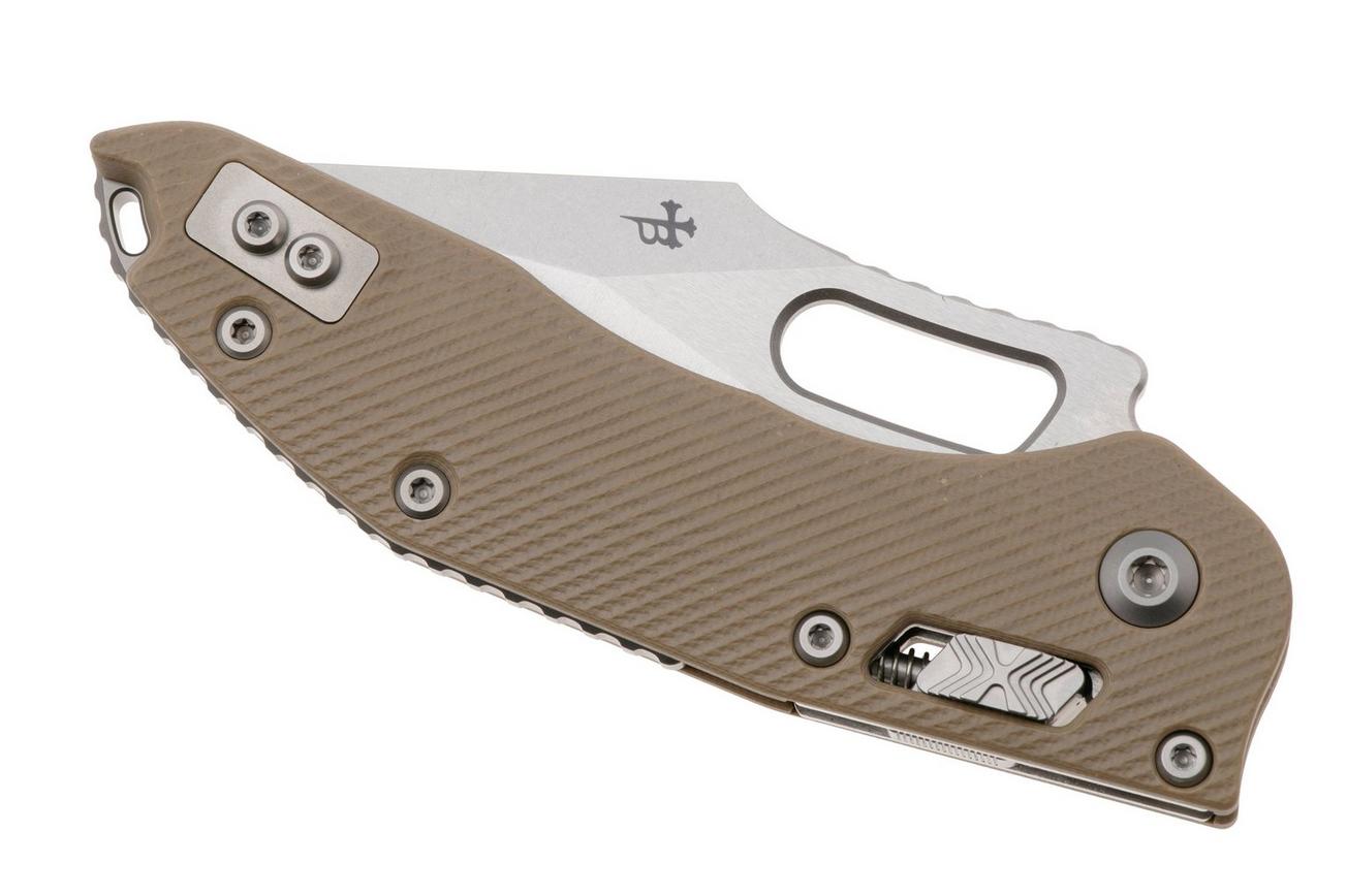 Microtech Stitch 169RL-11FLGTTA, Stonewashed M390MK, Fluted Tan G10, partial serrated zakmes, Borka Blades design