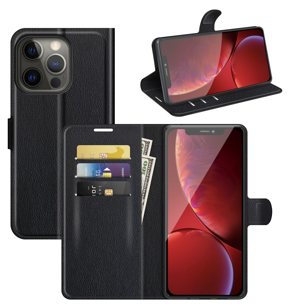 iPhone 13 Pro Leder Tasche Flip Cover Litchi Look - Schwarz