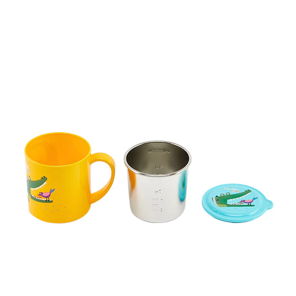 Kit repas enfant en inox jaune : boite repas, bol, tasse et couverts C