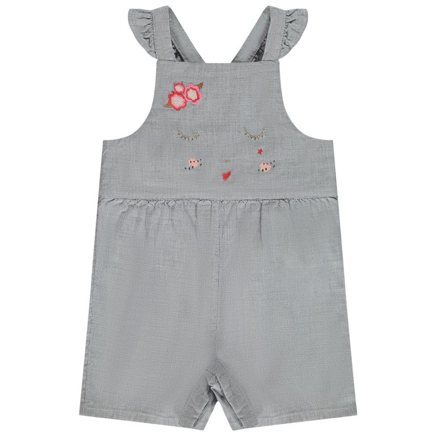 Salopette courte mini carreaux et broderies pour bébé fille - Bleu marine