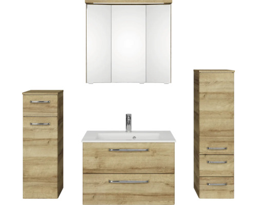 Pelipal Kumba badkamermeubelset (B x H x D): 137 x 200 x 50 cm, frontkleur: Riviera eiken, 5-delige set inclusief witte mineraalstenen wastafel, halfhoge kast en onderkast (99.770121472)