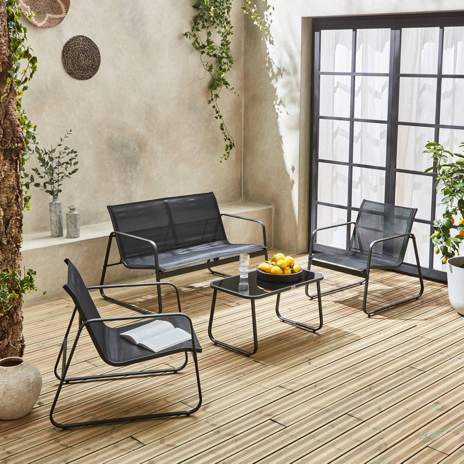 Alice's Garden Gartenmöbel-Set aus Metall und Textilene Silvi für 4 Personen, schwarz, Modernes Design
