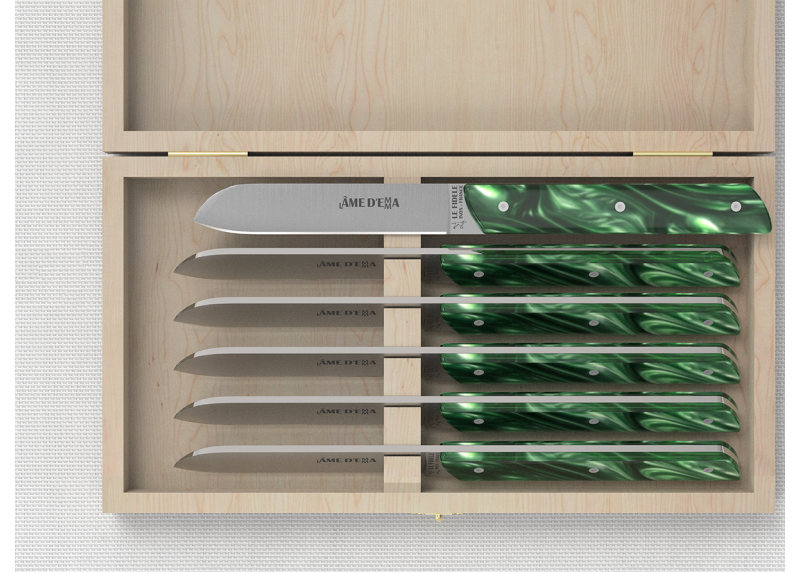 Service de 6 couteaux de table avec un manche en Madreperlato Vert et lame en acier inoxidable
