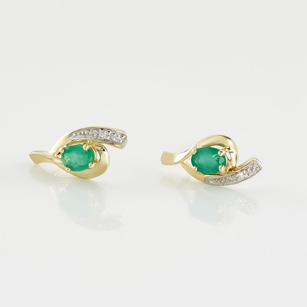 Boucles D'oreilles Puces Sagesse Or Jaune Emeraude Et Diamant