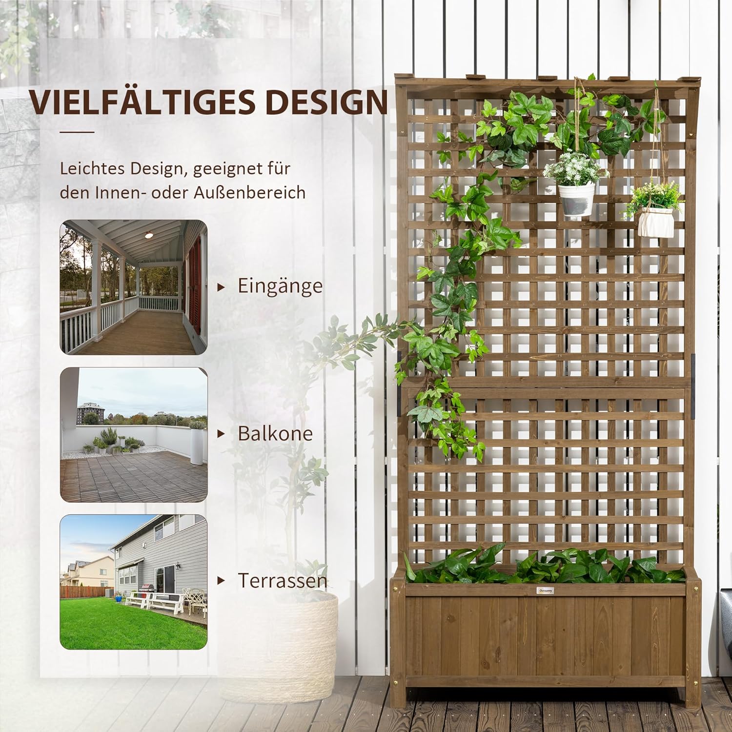 Outsunny Hochbeet Pflanzkasten mit Rankgitter, Spalier Pflanzkübel Blumenkasten Holz, Gartenspalier 90 x 45 x 183cm für Garten Balkon Terrasse, Blumenkübel für Kletterpflanzen Korbpflanzen, Blumen