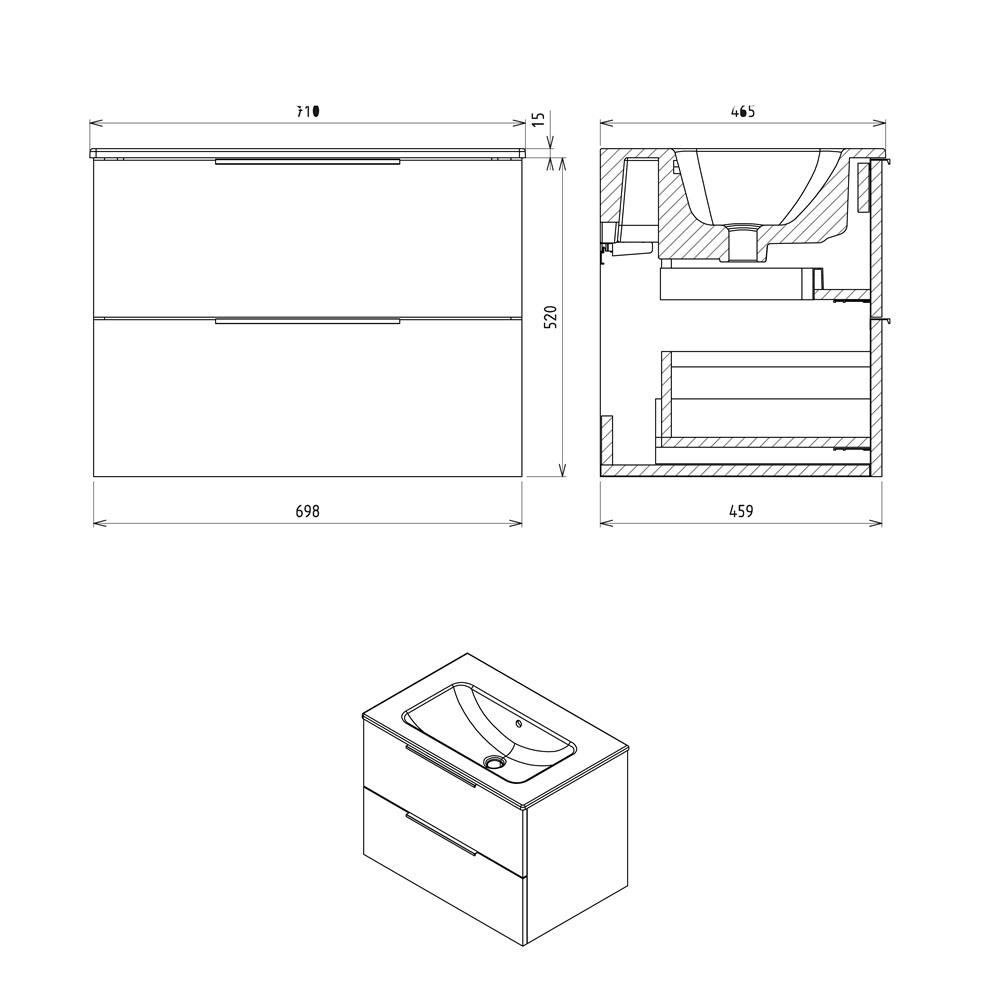 Sapho Cirasa wastafel onderkast met ribbelfront 70x46x52cm antraciet