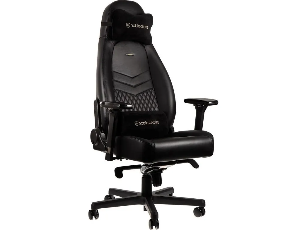 Noblechairs ICON - Stol - armstøtter - T-formet - vippe - drejeled - aluminium, polyurethan, stål, top-narv læder, nylon/polyetylen - sort