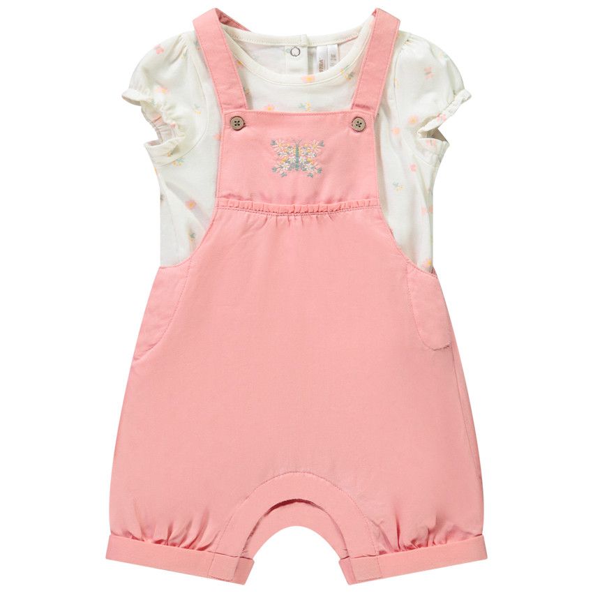 Ensemble 2 pièces avec salopette brodée papillon pour bébé fille - Rose