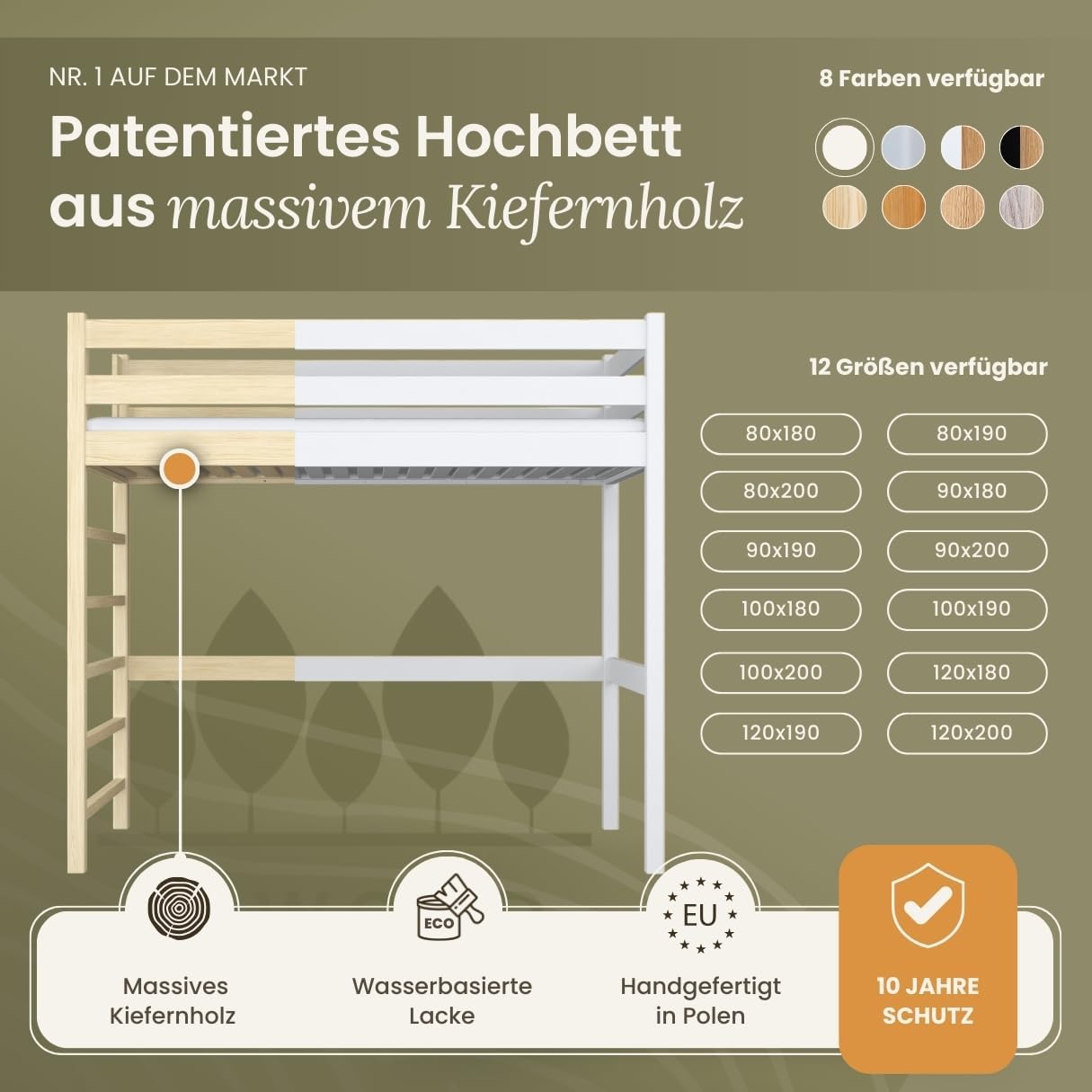 N01 Hochbett Holz 120x200 cm, Etagenbett mit Leiter, 2 Leitermontageseiten: Links oder rechts, sichere abgerundete Kanten, Stabile Massivholzkonstruktion, Weiß