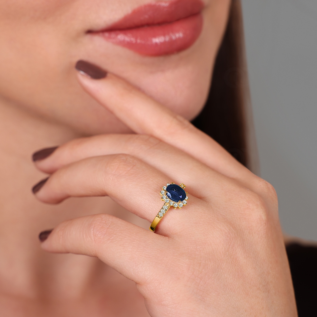 Entourage Ring 750/18 K Gelbgold mit Saphir & Diamanten 0.19 ct H/si