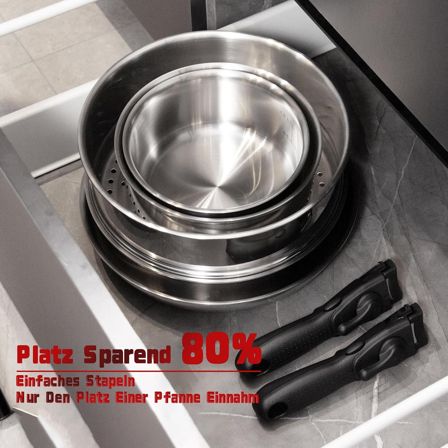 ROYDX 18/10 Edelstahl Pfannenset und Topfset mit Abnehmbarer Griff, Kochtopf Set Induktion, Stapelbar Edelstahlpfanne, Pfanne mit Deckel, ohne PTFE PFOA Topf Set, Spülmaschinen und Ofenfest