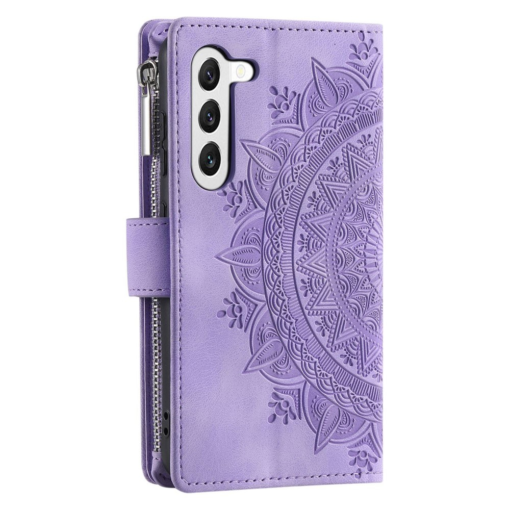 Samsung Galaxy S23 5G Leder Tasche Flip Cover mit Reissverschluss - Mandala Flowers Imprint - Lila