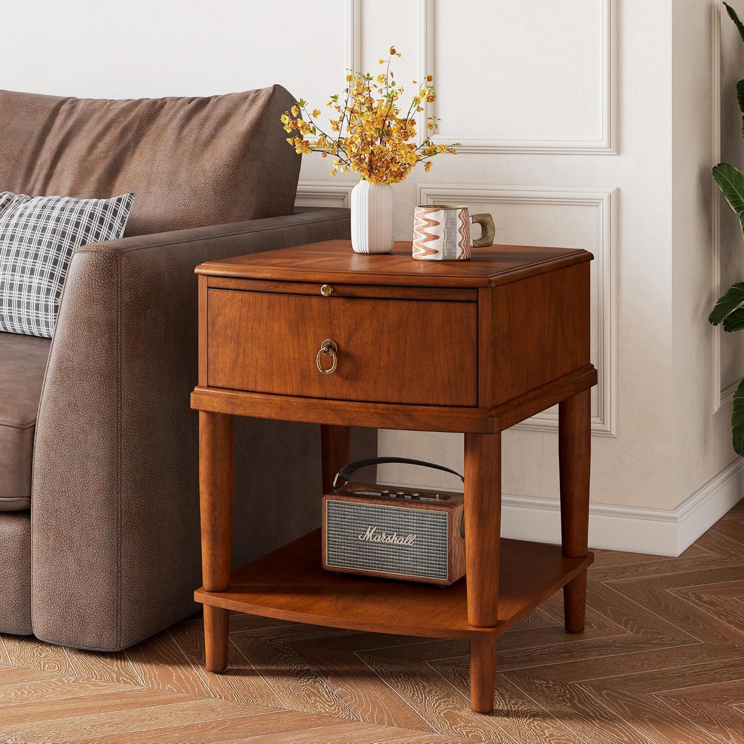 PADMA HOUSE Massivholz Beistelltisch mit Schublade und Ablagefläche, traditioneller Beistelltisch, schmaler Telefontisch, Nachttisch, Couchtisch für Wohnzimmer, Schlafzimmer Büro (45L*50W*58H)