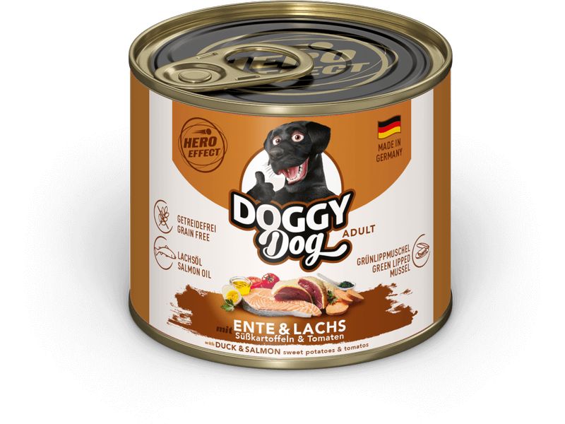 DOGGY Dog Nassfutter Dose Ente, Lachs Adult 200 g Alleinfuttermittel für ausgewachsene Hunde