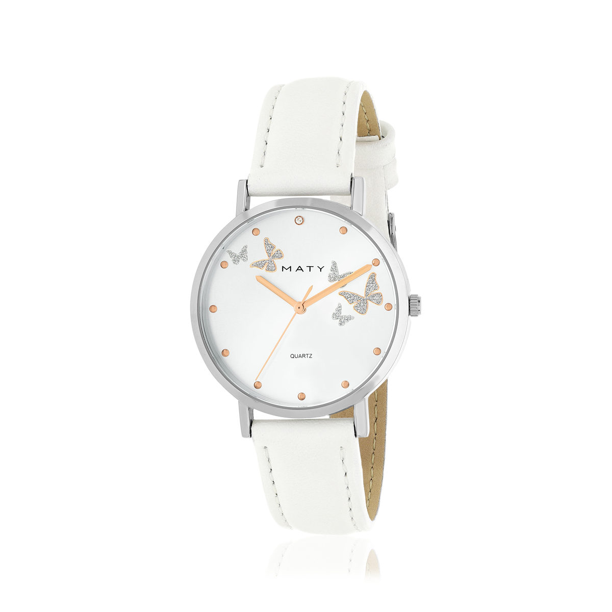 Montre femme chromée bracelet cuir blanc