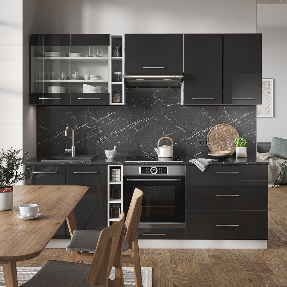 Vicco Küchenzeile Küchenblock Einbauküche Fame-Line Weiß Anthrazit 235 cm modern Hochglanz Küchen Schränke Hängeglasschrank Hängeschrank Schubladenunterschrank Spülenunterschrank Herdumbauschrank