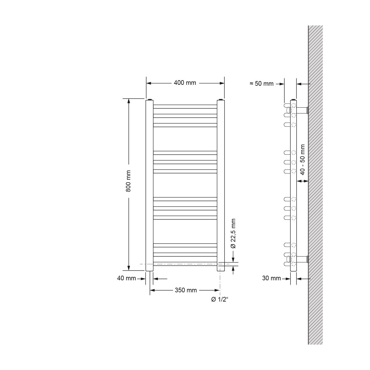 ECD Duitsland Elektrische badkamerradiator 400 x 800 mm met 600W verwarmingselement ECO Chroom Gebogen met zijaansluiting Designradiator Handdoekverwarmer Handdoekdroger Handdoekradiator Handdoekverwarmer