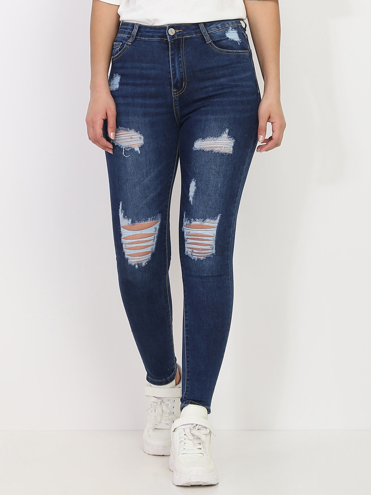 Jeans skinny destroy et délavé taille haute- Bleu foncé