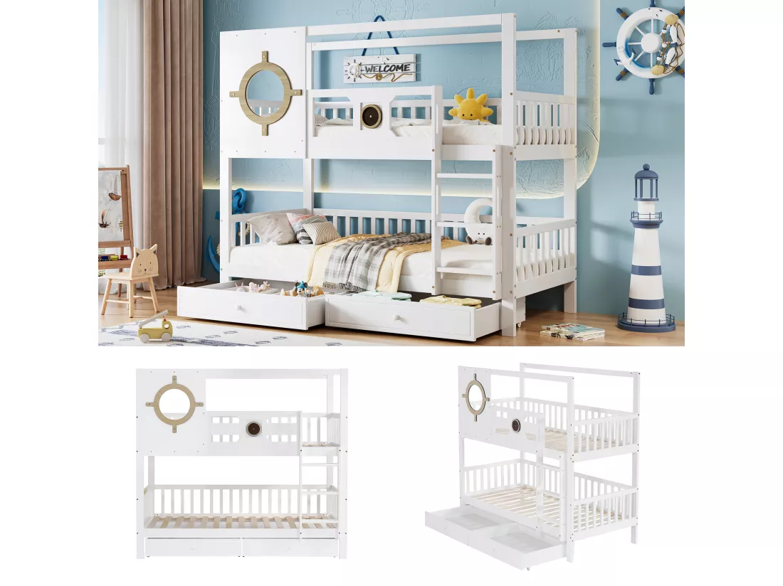 Lits superposés 2 x 90 x 200 cm avec 2 tiroirs, fenêtre & garde-corps - pin + MDF - blanc (sans matelas)