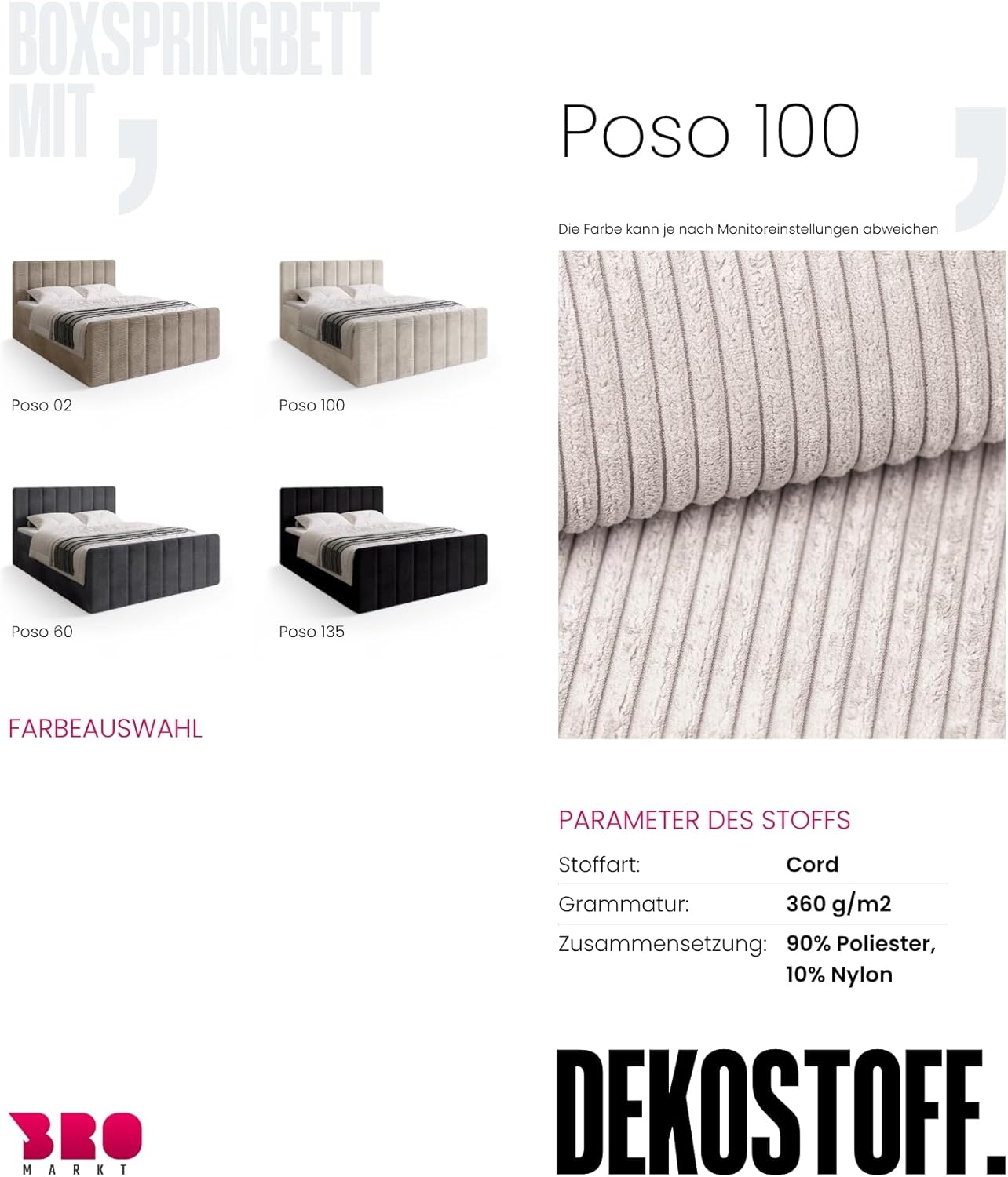 BROMARKT Boxspringbett mit Matratze Bett 140x200 Vanille Doppelbett mit Topper Boxbett mit Stauraum Polsterbett mit Bettkasten Kopfteil Denver Duo Härtegrad H3 Cordstoff