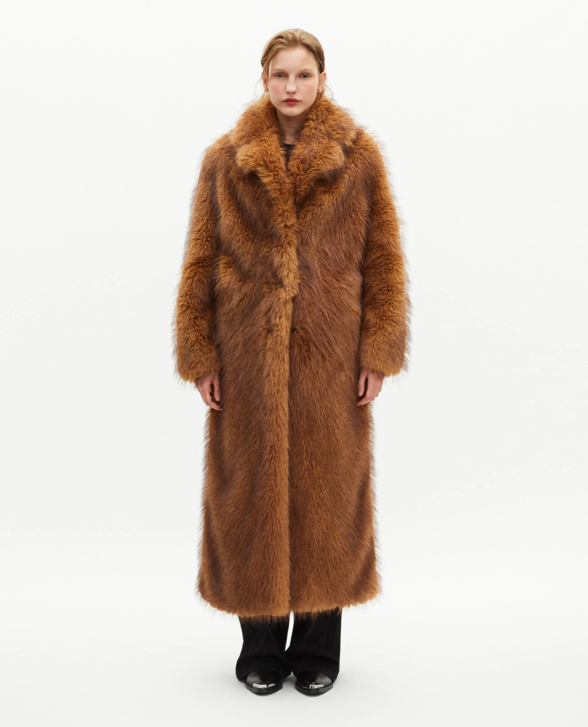 Manteau long effet fourrure marron
