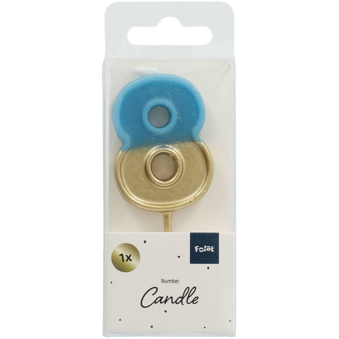 Verjaardagskaars blauw goud - 8 jaar