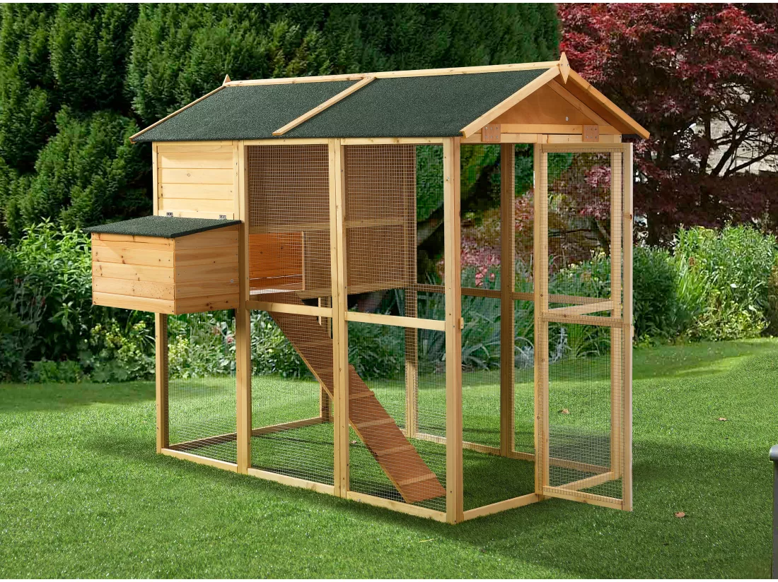 Poulailler en bois avec enclos - 8 poules - L. 201 x P.142 x H. 171 cm- Naturel - GALLUS