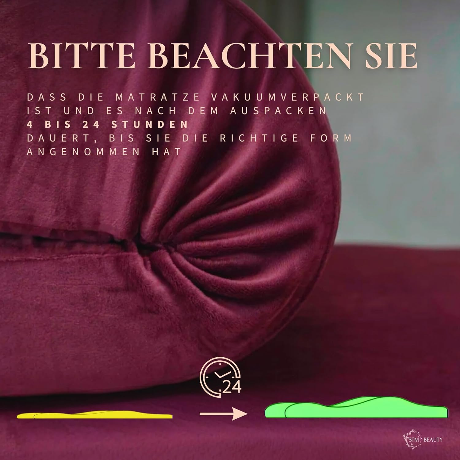Wave Matratze mit Memory Foam 190x70 für Kosmetikliege, Massageliege, mit Bezug aus Velours, 08 Burgunder, Weinrot