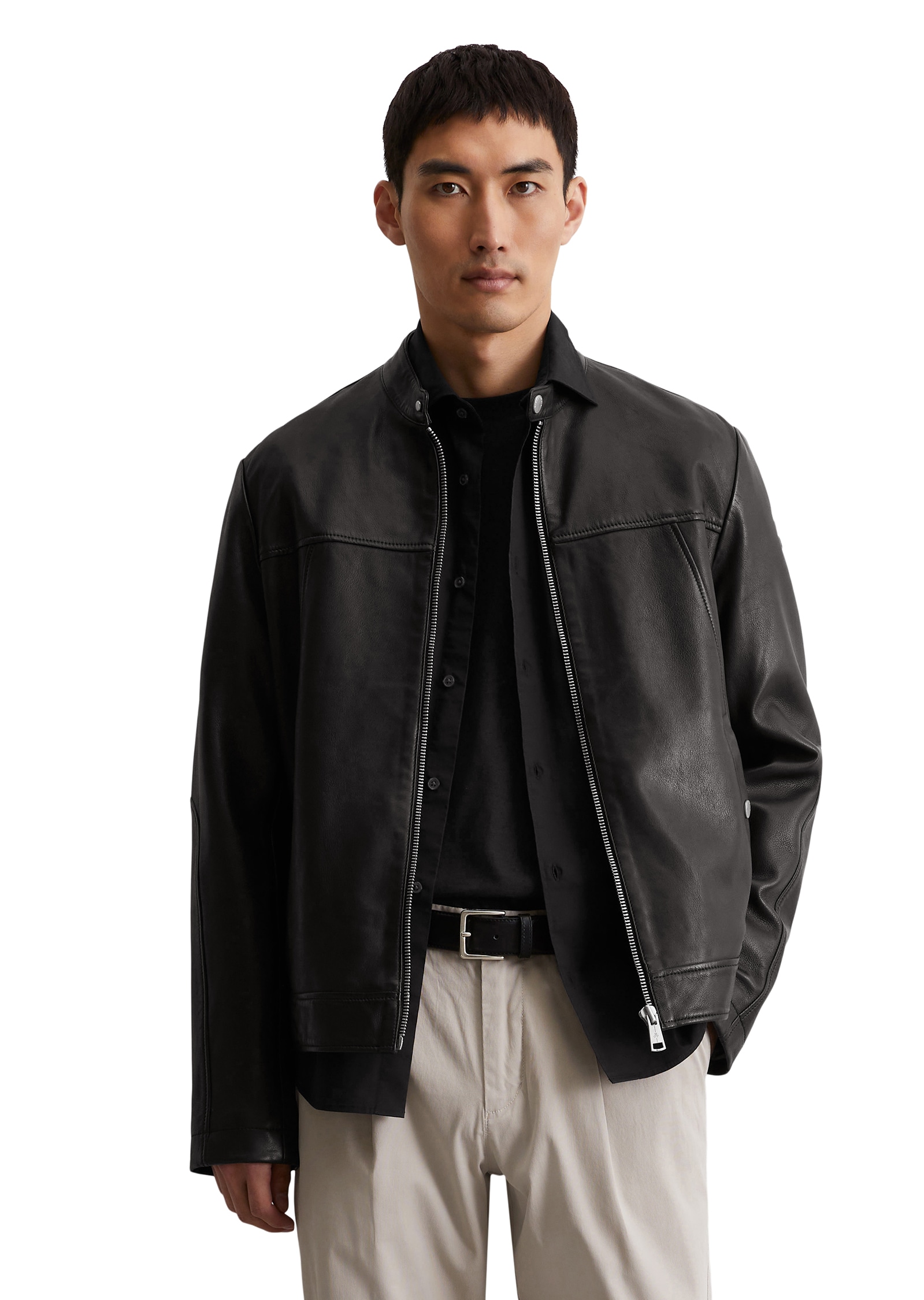 Marc O'Polo Lederjacke im Biker-Stil, kleiner Stehkragen, aus Lammleder