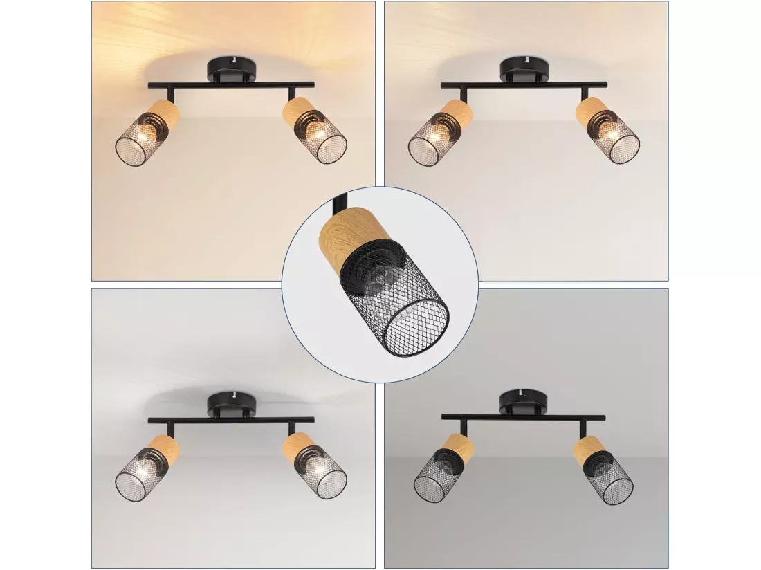 NETTLIFE Plafonnier 2 Ampoules spot de plafond vintage spots bois 350° orientables E14 rétro
