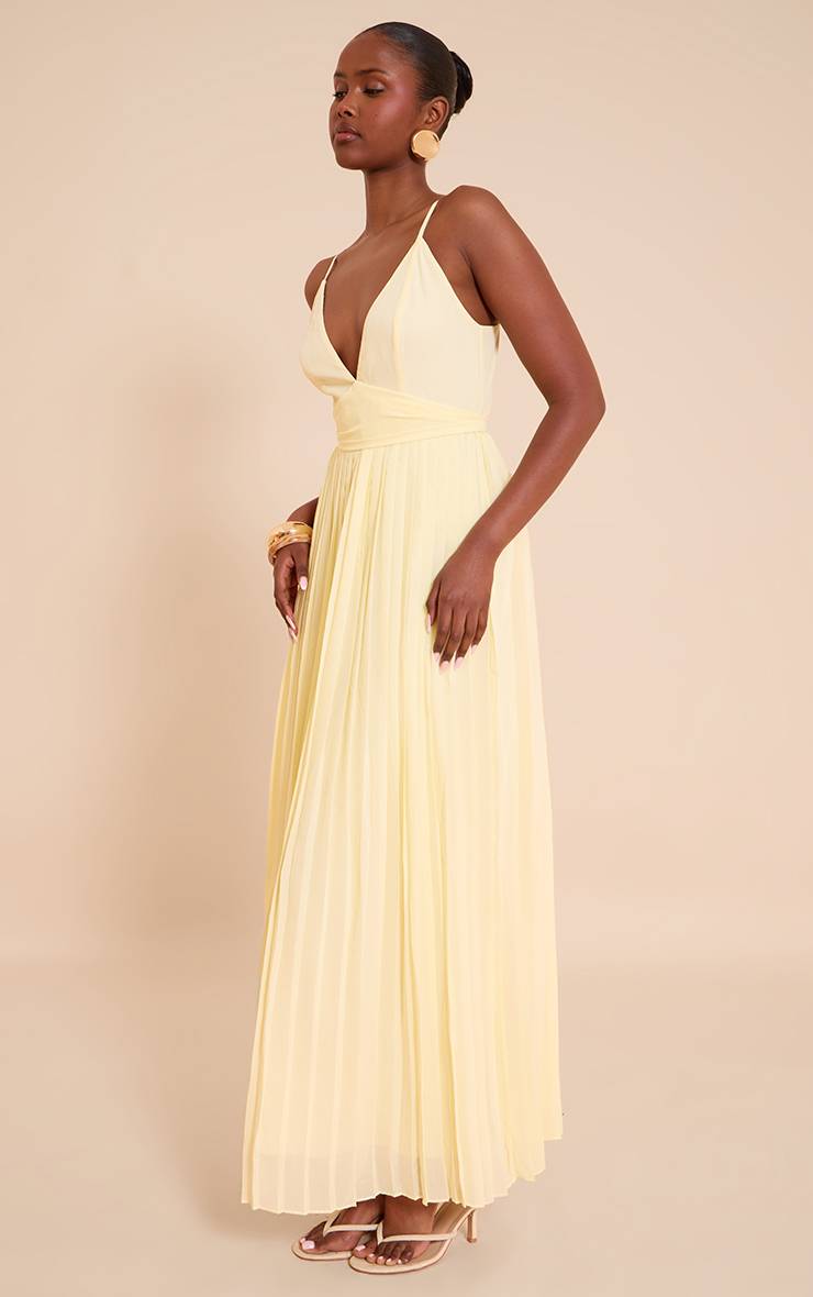 Citron Robe Longue En Mousseline Plissée À Bretelles Avec Ceinture