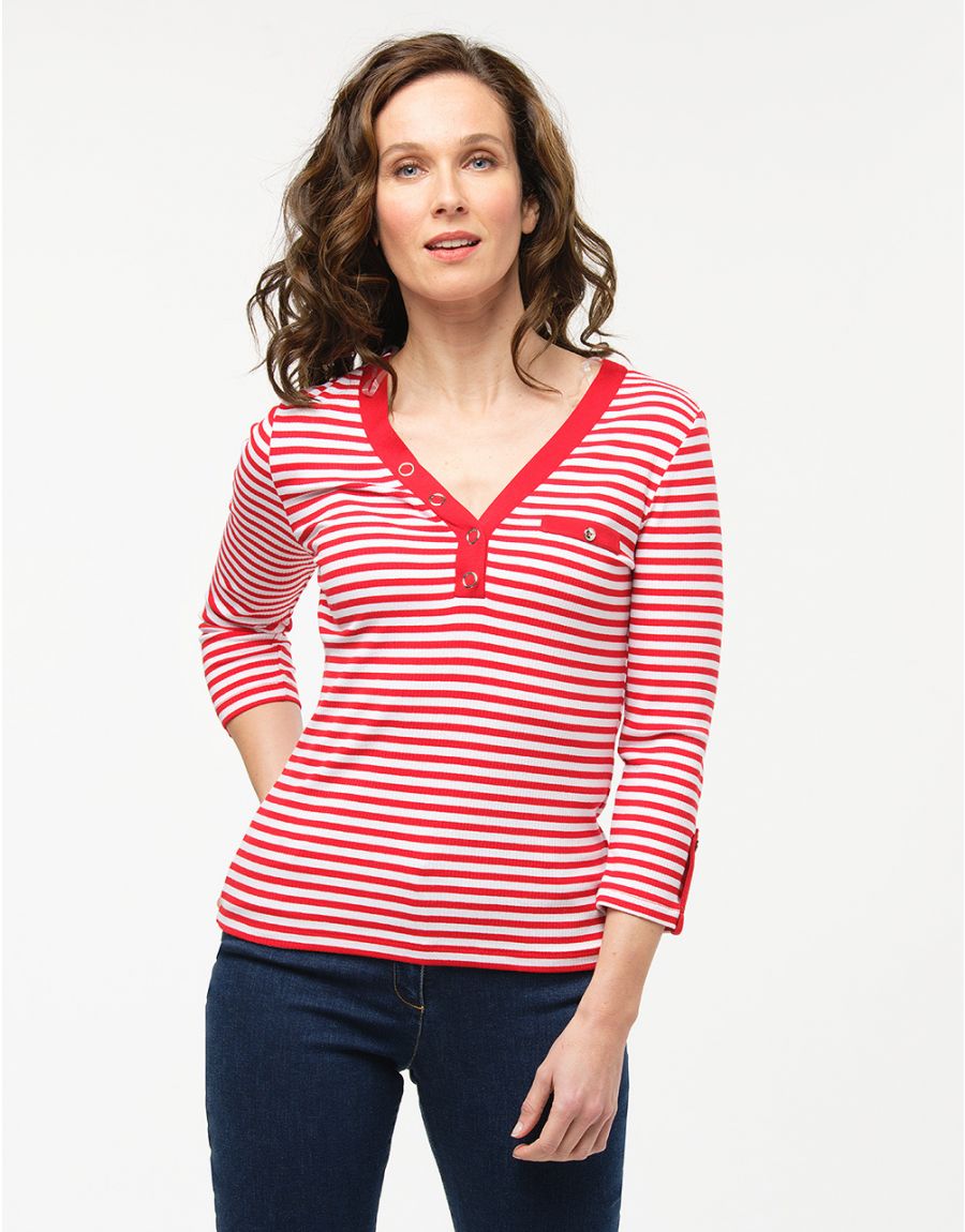 T-shirt rayé rouge col V
