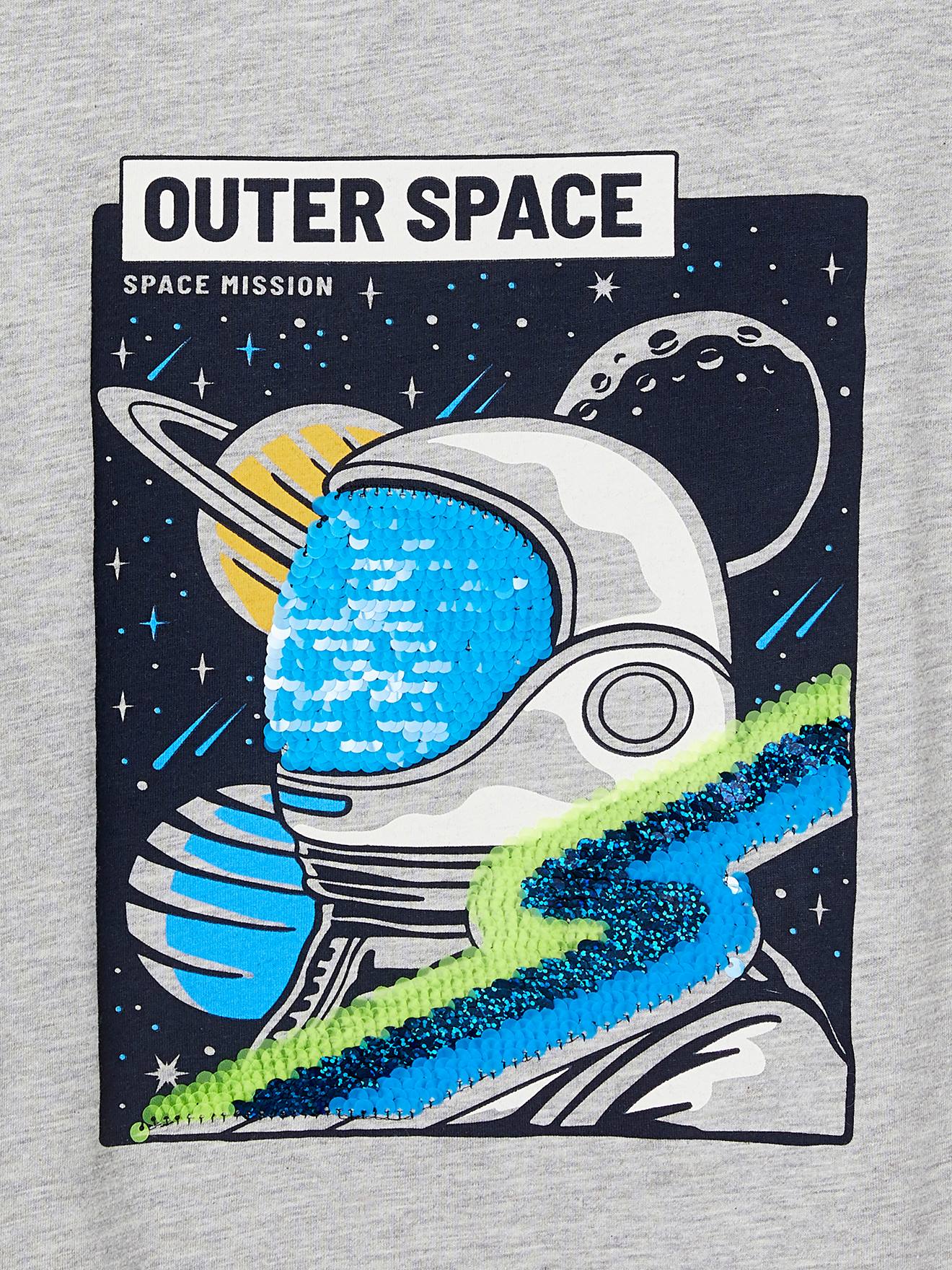 Camiseta azul marinho com lantejoulas e estampa de astronauta para meninos