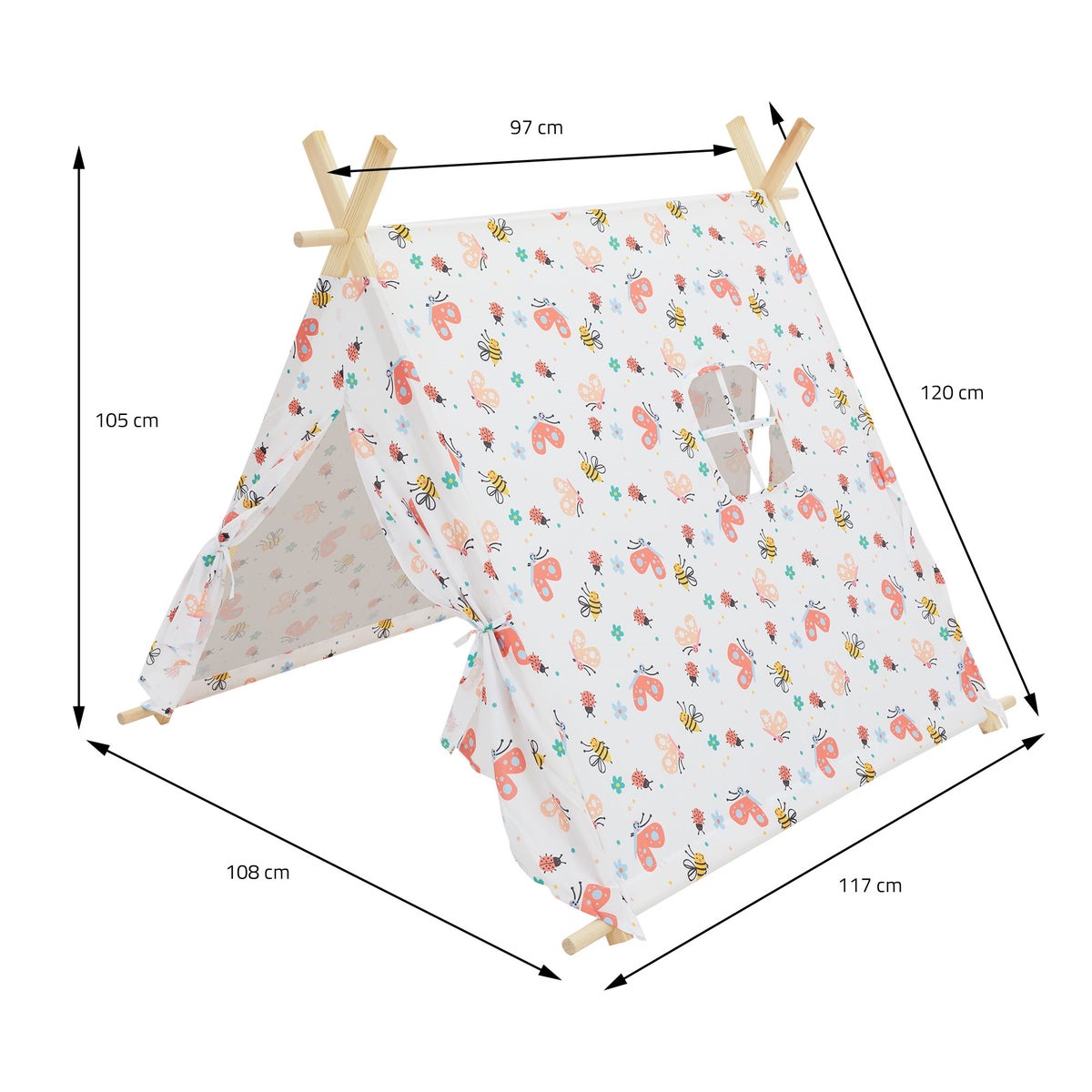 ECD Duitsland Tipi Speeltent voor Kinderen 117x108x105 cm, Indianentent Wit met Kleurrijke Motieven, Binnen/Buiten, Tipi Kindertent met 2 Deuren en een Raam, Kinderkamer Speelhuisje voor Meisjes/Jongens