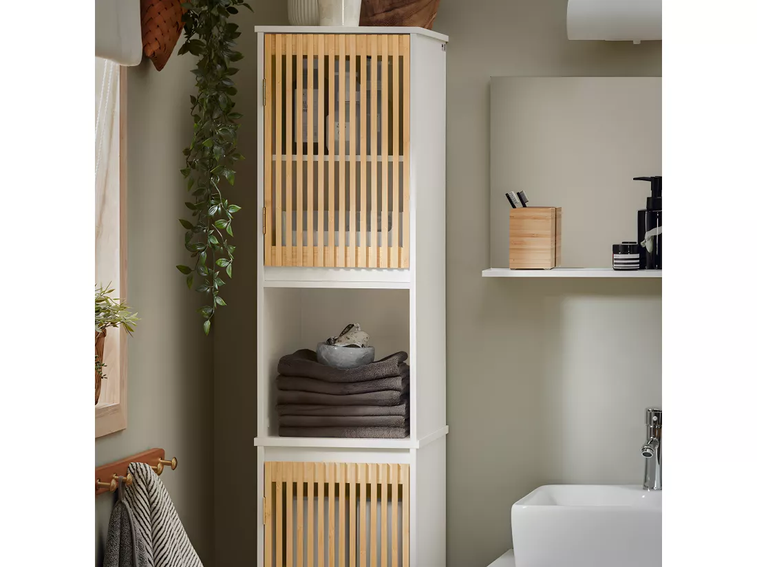 SoBuy Meuble Colonne Armoire de Salle de Bain Étagère Étroite Meuble de Rangement Salle de Bain avec 2 portes, 1 compartiment, Blanc-Naturel, 33 x 33 x 165 cm, BZR127-W
