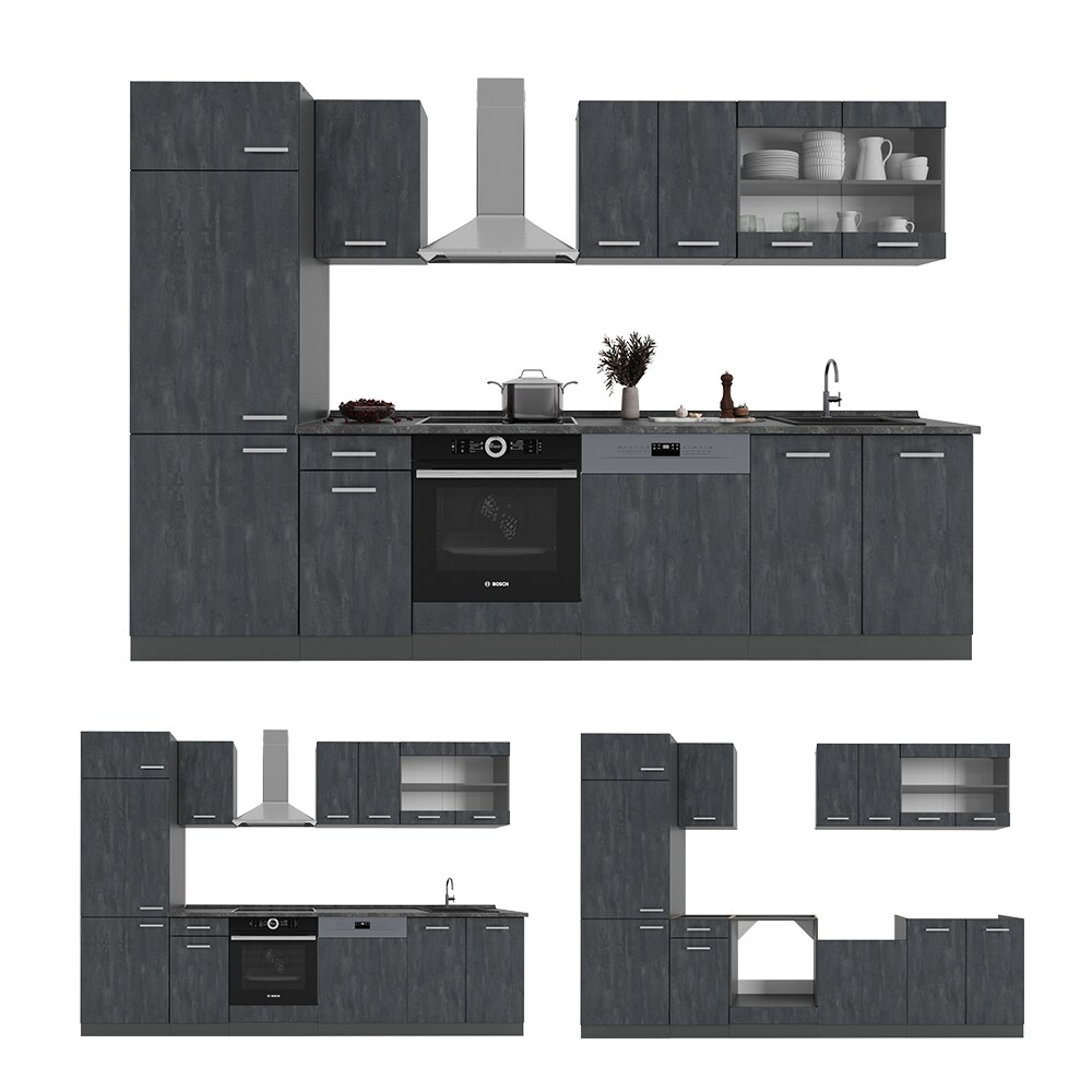 Vicco Küchenzeile R-Line 300 cm Schwarz Beton Anthrazit mit Arbeitsplatte Eiche