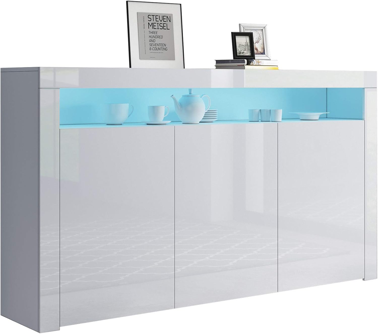 Sideboard Kommode 3 Türen Hochglanz Front mit LED Beleuchtung TV Lowboard Für Esszimmer Wohnzimmer Möbel 152x97x35cm Weiß