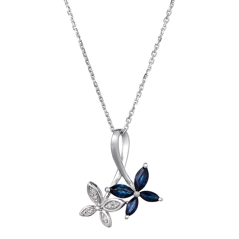 Collier - Or blanc 375/1000, saphir & diamants