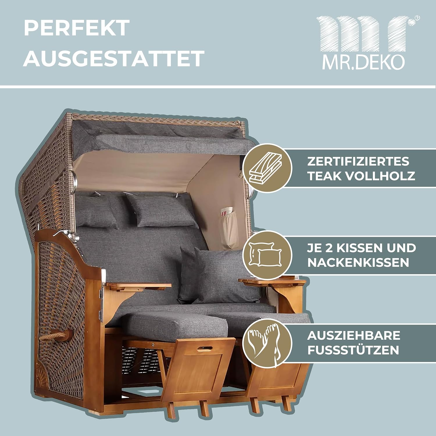 Strandkorb Schleswig Pinie Braun PE Mokka Dessin 560 | 2 Sitzer wetterfest | Ostseefeeling Garten Balkon | Roofed Wicker Beach Chair | Strandkörbe Volllieger Pinienholz | Fertig montiert